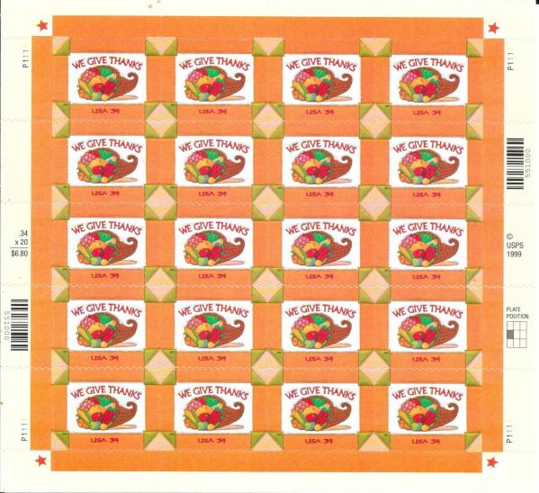 United States | Thanksgiving Sheet of Twenty 34-Cent United States Postage Stamps Issued 2001 Multicolored Stamp Multicolored