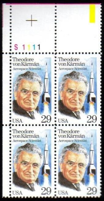 United States | Theodore von Karman Plate Block of Four 29-Cent United States Postage Stamps Issued 1992 Multicolored Stamp Multicolored