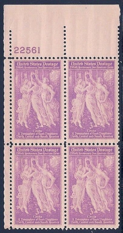 United States | Three Muses Plate Block of Four 3-Cent United States Postage Stamps Issued 1940 Stamp United States