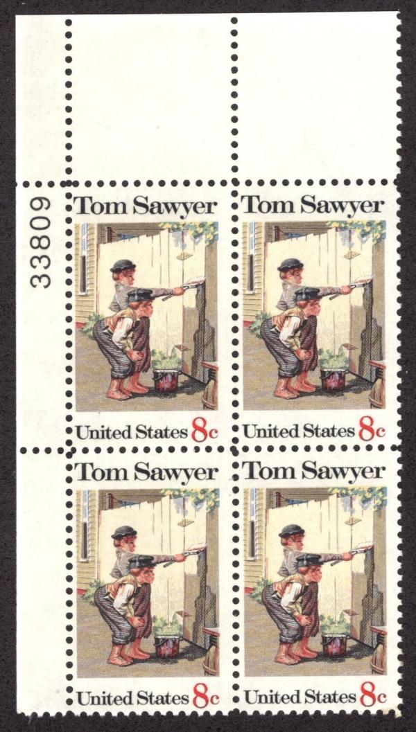 United States | Tom Sawyer Plate Block of Four 8-Cent United States Postage Stamps Issued 1972  Multicolored Stamp Multicolored