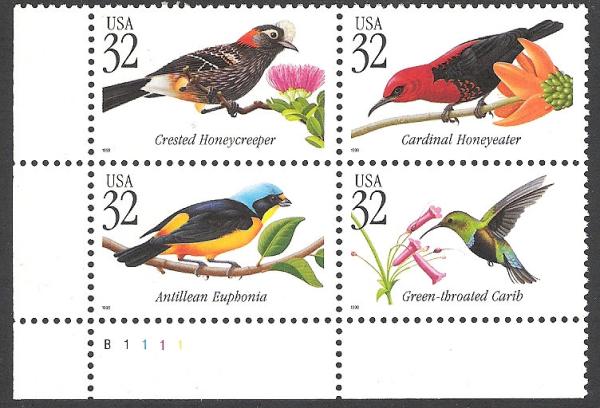 United States | Tropical Birds Plate Block of Four United States 32-Cent Postage Stamps Multicolored Stamp Multicolored