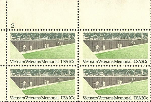 United States | Vietnam Veterans Memorial Plate Block of Four 20-Cent United States Postage Stamps Issued 1984 Multicolored Stamp Multicolored
