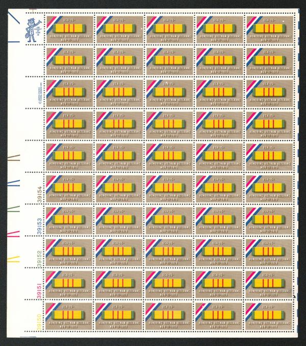 United States | Vietnam Veterans Sheet of Fifty 15-Cent United States Postage Stamps Issued 1979 Multicolored Stamp Multicolored