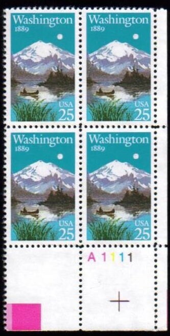 United States | Washington Statehood Plate Block of Four 25-Cent United States Postage Stamps Issued 1989 Multicolored Stamp Multicolored