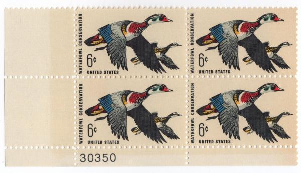 United States | Waterfowl Conservation Plate Block of Four 6-Cent United States Postage Stamps Issued 1968 Black and multicolored Stamp Black & multicolored