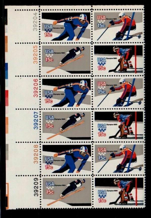 United States | Winter Olympics Plate Block of Twelve 15-Cent United States Postage Stamps Issued 1980 Multicolored Stamp Multicolored