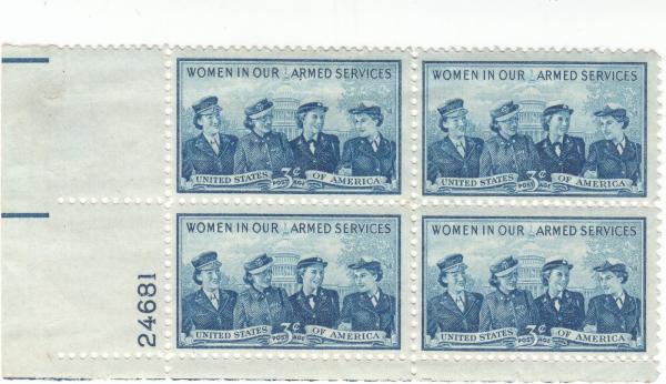 United States | Women In Our Armed Services Plate Block of Four 3-Cent US Postage Stamps Issued 1952 Deep blue Stamp Deep blue
