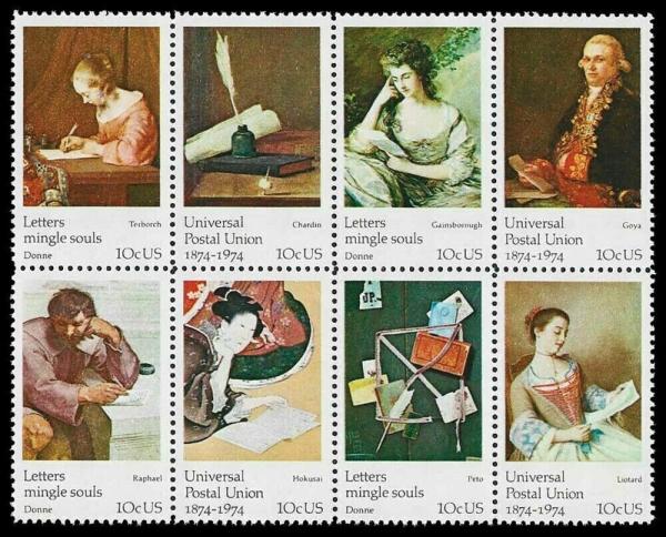 United States | Works of Art Block of Eight 10-Cent US Postage Stamps Issued 1974  Multicolored Stamp Multicolored