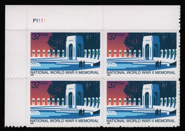 United States | World War II Memorial Plate Block of Four 37-Cent United States Postage Stamps Issued 2004 Multicolored Stamp Multicolored