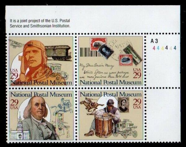 United States | 1993 National Postal Museum Plate Block of Four US 29-Cent Postage Stamps Multicolored Stamp Multicolored