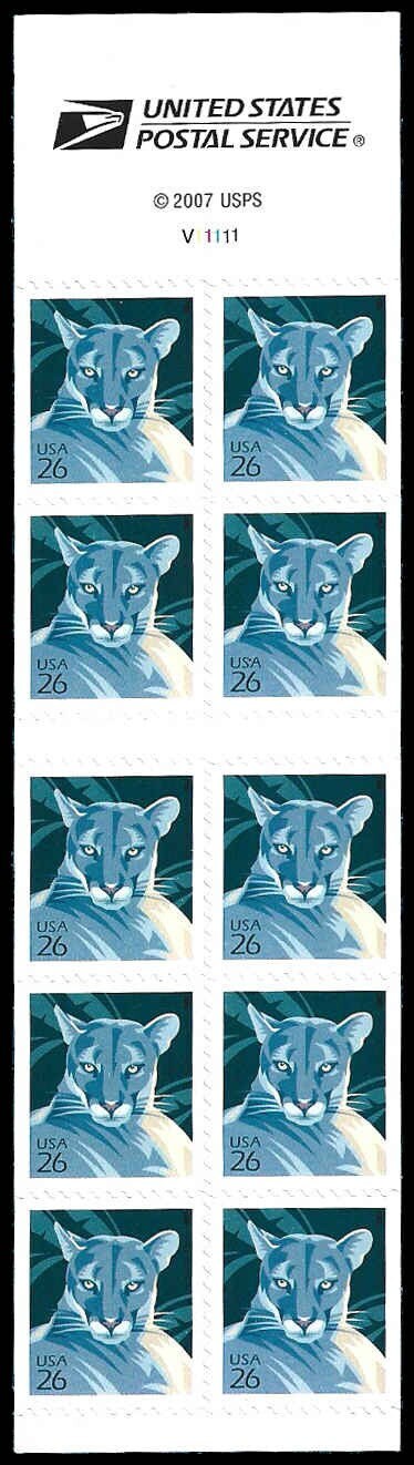 United States | Florida Panther Booklet of Ten 26-Cent United States Postage Stamps Issued 2007 Multicolored Stamp Multicolored