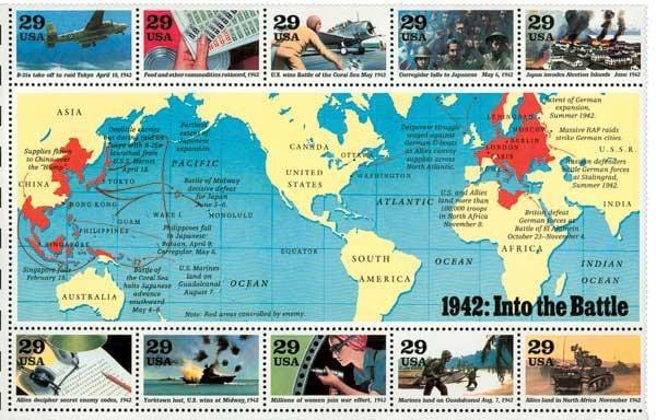 United States | Into the Battle World War II Souvenir Sheet of Ten 29-Cent United States Postage Stamps Issued 1992 Multicolored Stamp Multicolored