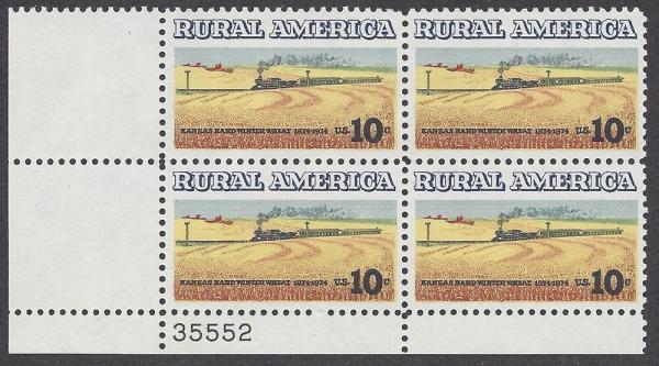 United States | Kansas Wheat and Train Plate Block of Four 10-Cent United States Postage Stamps Issued 1974 Multicolored Stamp Multicolored
