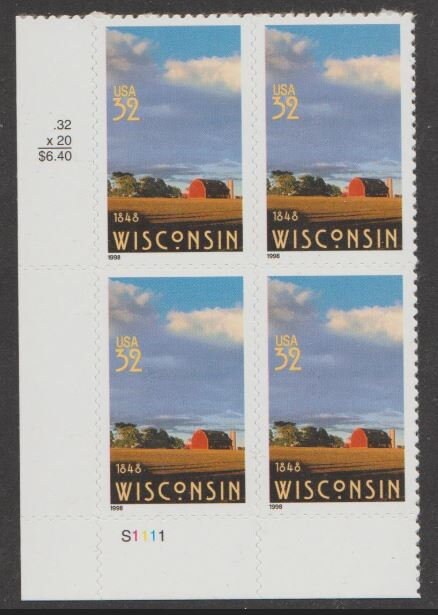 United States | Wisconsin Plate Block of Four 32-Cent United States Postage Stamps Issued 1998 Multicolored Stamp Multicolored