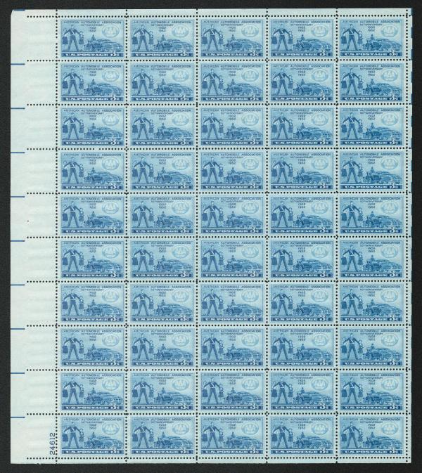 United States | American Automobile Association Sheet of Fifty 3-Cent United States Postage Stamps Issued 1952 Stamp United States