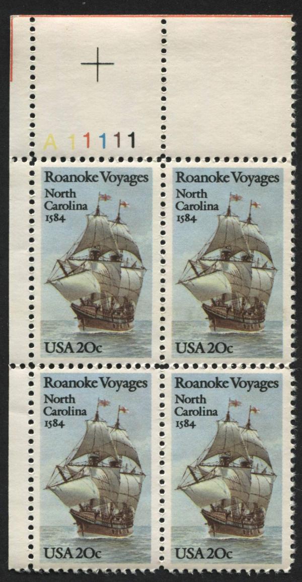 United States | Roanoke Voyages Plate Block of Four 20-Cent United States Postage Stamps Multicolored Stamp Multicolored