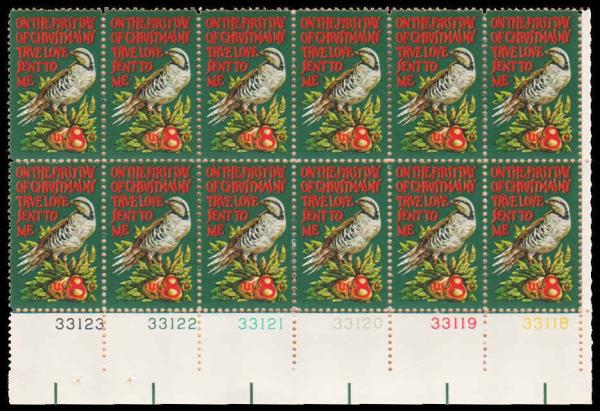 United States | 1971 Partridge in Pear Tree Plate Block of Twelve 8-Cent Christmas Postage Stamps Mint Never Hinged Multicolored Stamp Multicolored