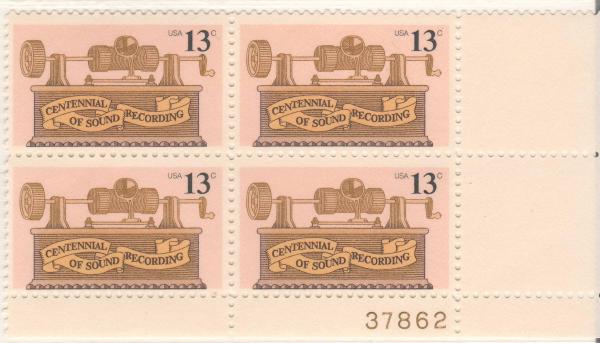 United States | 1977 Phonograph Centenary Plate Block of Four 13-Cent USA Postage Stamps Mint Never Hinged Multicolored Stamp Multicolored