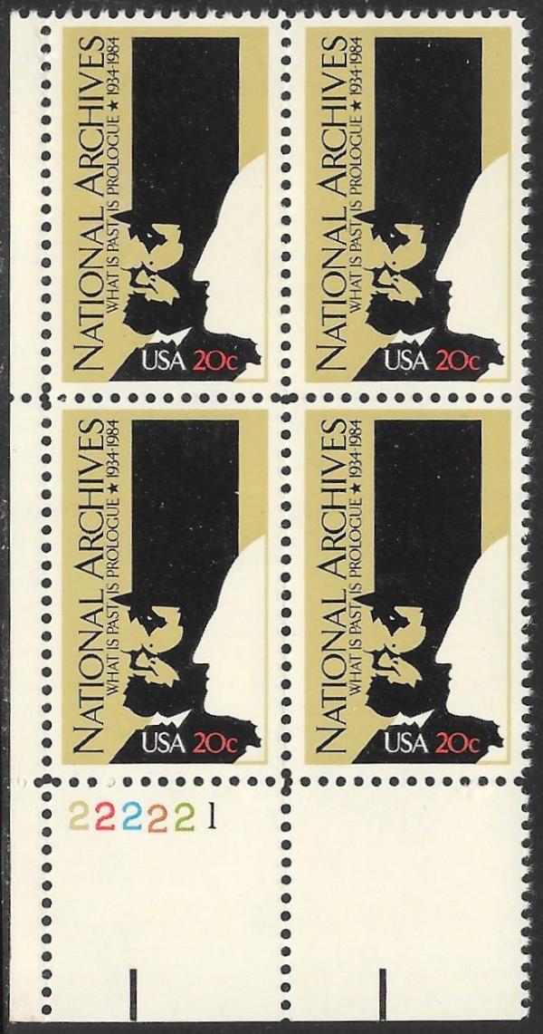 United States | 1984 National Archives Plate Block of Four 20-Cent United States Postage Stamps Multicolored Stamp Multicolored