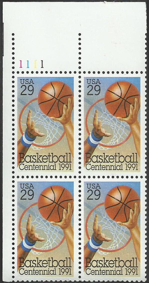 United States | 1991 Basketball Centennial Plate Block of Four 29-Cent United States Postage Stamps Multicolored Stamp Multicolored