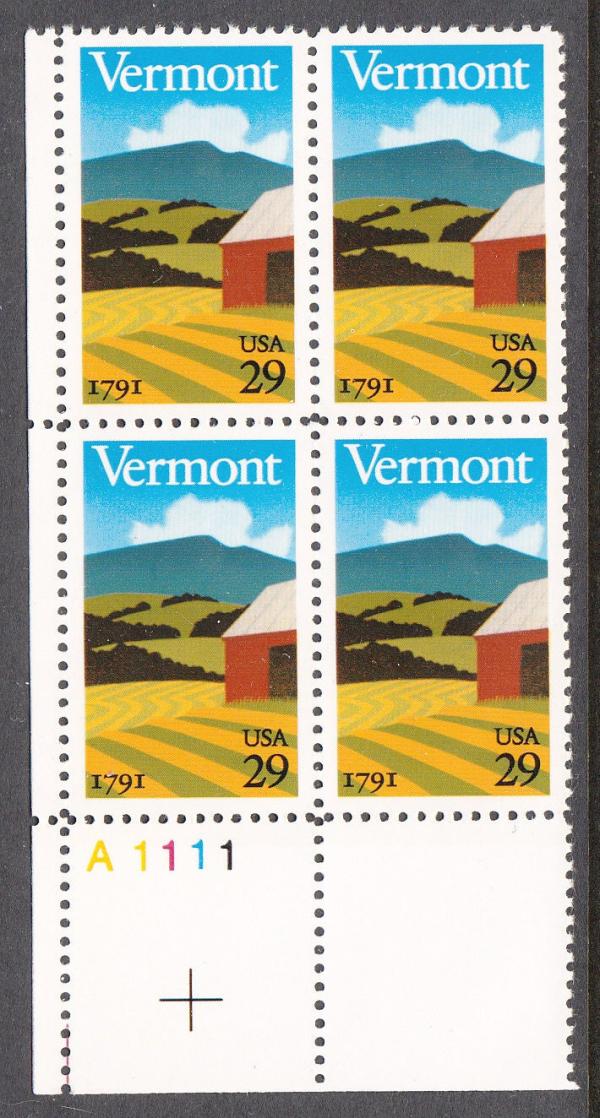 United States | 1991 Vermont Statehood Collectible Plate Block of Four 29-Cent United States Postage Stamps Multicolored Stamp Multicolored