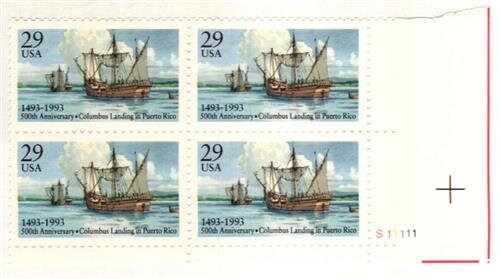 United States | 1993 Columbus Landing in Puerto Rico Plate Block of Four 29-Cent US Postage Stamps Multicolored Stamp Multicolored