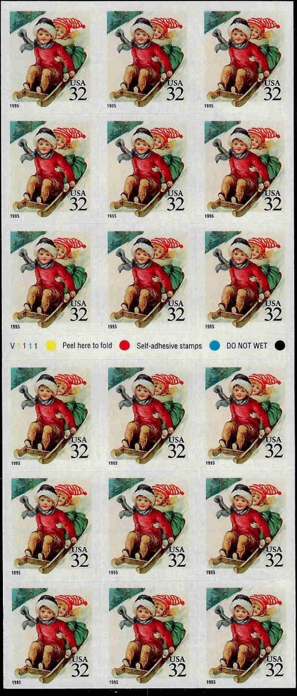 United States | Children Sledding Christmas Booklet Pane of Eighteen 32-Cent US Postage Stamps Issued 1995 Multicolored Stamp Multicolored