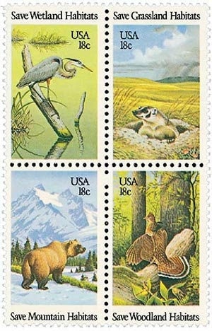 United States | Preservation of Wildlife Habitat Block of Four 18-Cent United States Postage Stamps Issued 1981 Multicolored Stamp Multicolored