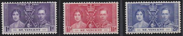 Central & South America | Coronation of King George VI Set of Three St Vincent Postage Stamps Issued 1937 Purple, Carmine, and Ultramarine Central & South America Central & South America