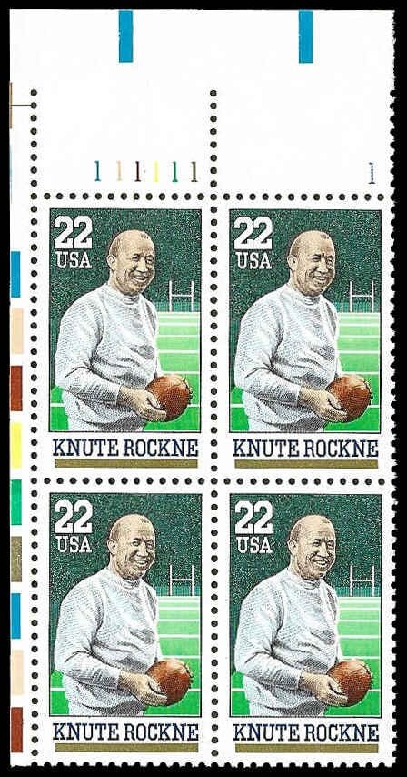 United States | 1988 Knute Rockne Plate Block of Four 22-Cent United States Postage Stamps Multicolored Stamp Multicolored