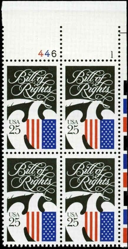 United States | Bill of Rights Plate Block of Four 25-Cent United States Postage Stamps Issued 1989 Multicolored