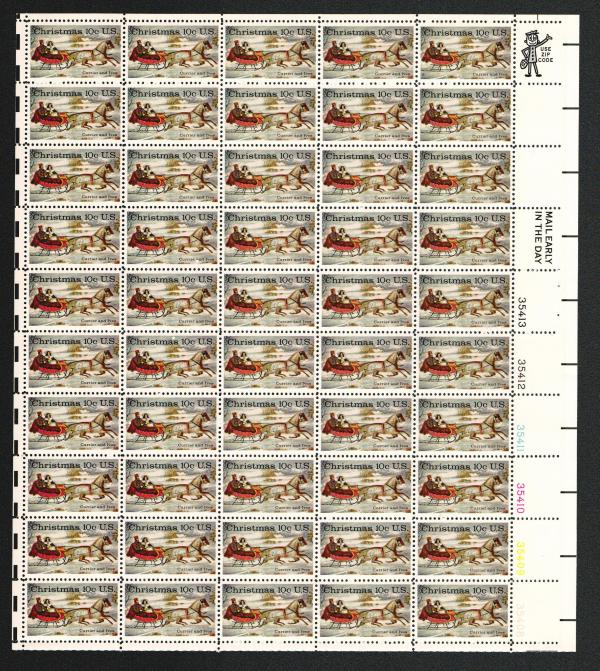 United States | Currier and Ives Winter Road Sheet Of Fifty United States 10-Cent Christmas Postage Stamps Issued 1974 Multicolored Stamp Multicolored