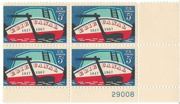 United States | Erie Canal Plate Block of Four 5-Cent United States Postage Stamps Issued 1967 Multicolored. Stamp Multicolored